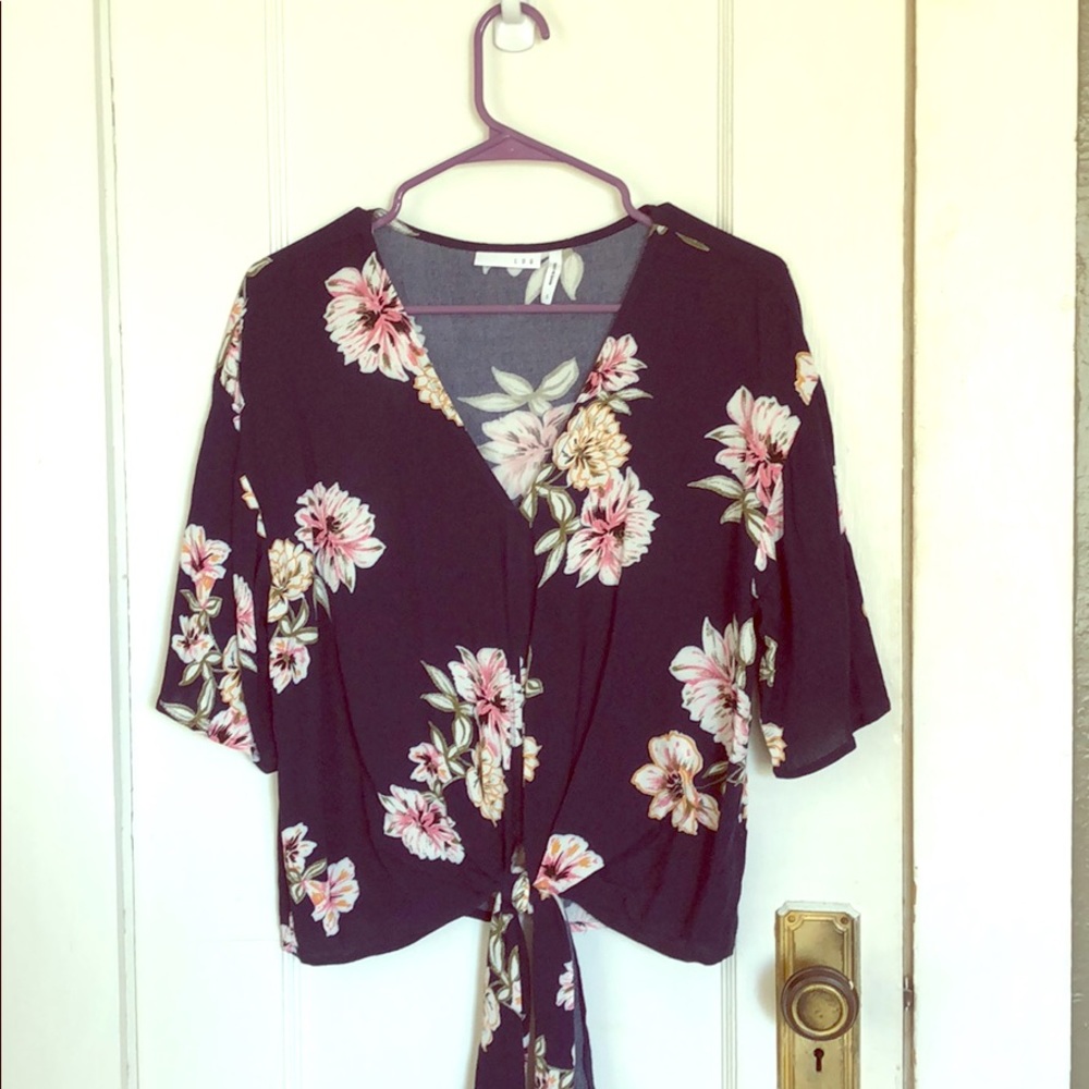 Floral dark blue tie front top